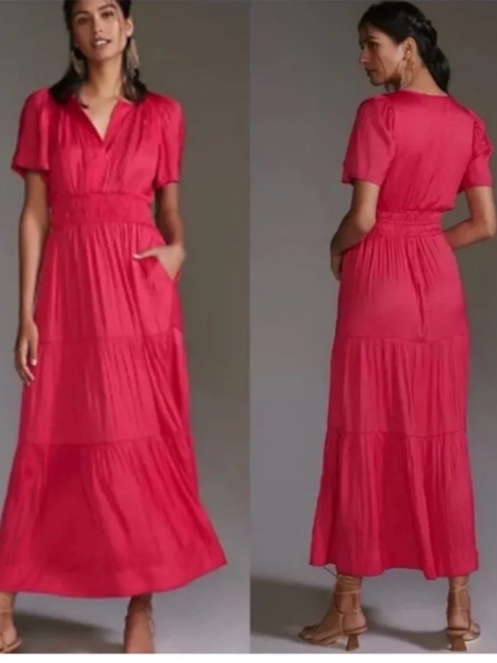 Anthropologie Somerset Maxi Dress Pink Satin Smocked Waist Pockets NWT L - Picture 1 of 14